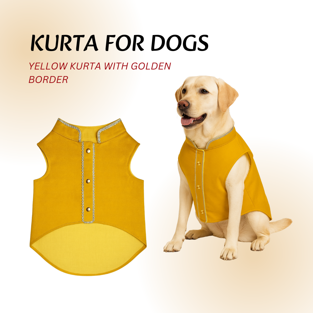 Tail N Tints Yellow Kurta with Golden Border for Dogs
