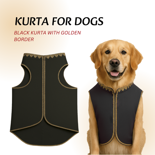 Tail N Tints Black Kurta with Golden Border for Dogs