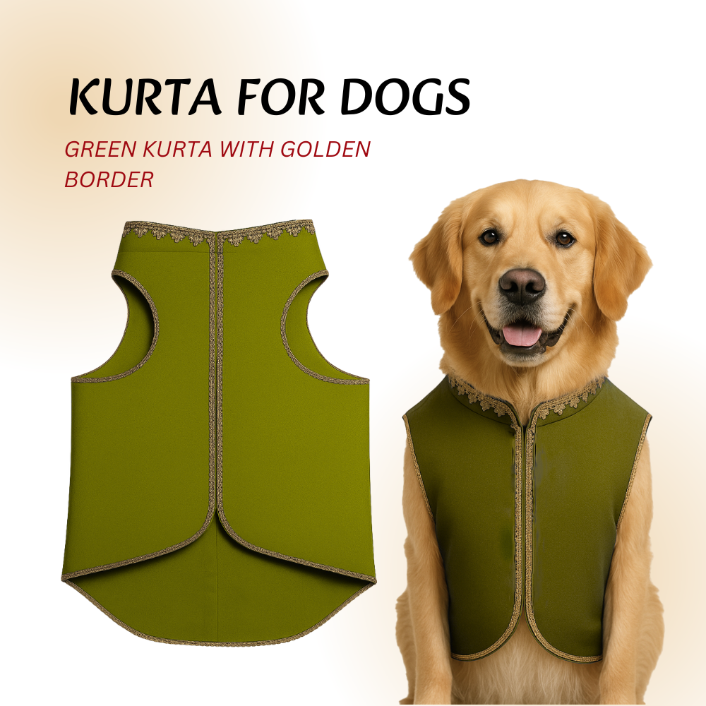 Tail N Tints Green Kurta with Golden Border for Dogs
