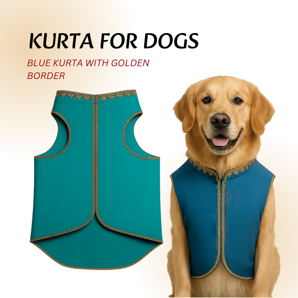 Tail N Tints Blue Kurta with Golden Border for Dogs